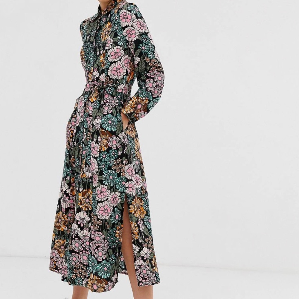 MONKI floral print tie waist midi shirt dress